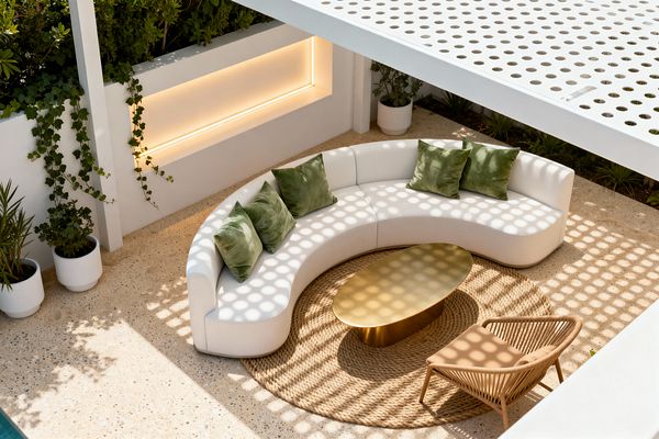 An outdoor patio features a white crescent-shaped sofa topped with four olive-green cushions, placed on a round braided jute rug with an oval gold metal coffee table. A perforated white pergola casts circular shadows across the sand-colored concrete, while a minimalist white wall with integrated warm LED strip lighting, potted vines, and planters of greenery frames the seating area for a calm, contemporary look.