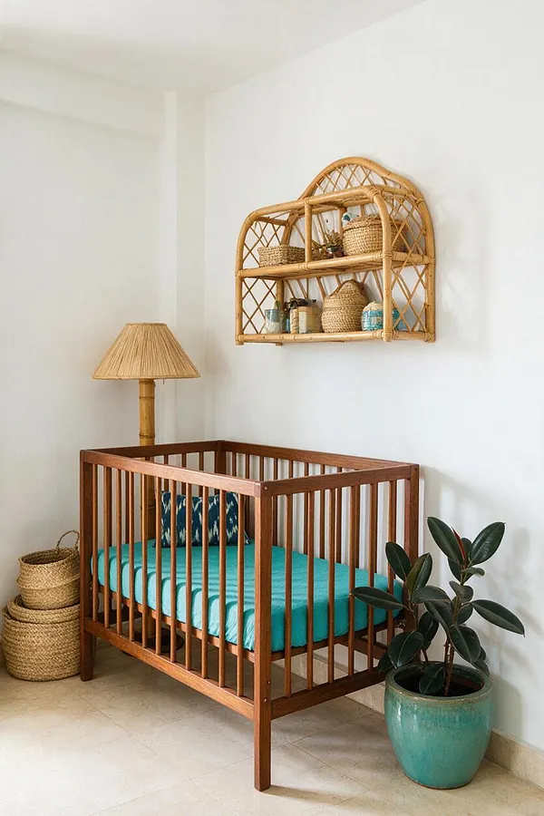 A bright nursery with a wooden crib dressed in a turquoise mattress and patterned pillow, a bamboo floor lamp, woven baskets, and a teal ceramic planter with a leafy plant. A rattan wall shelf holds small woven containers, adding tropical texture against the white walls.