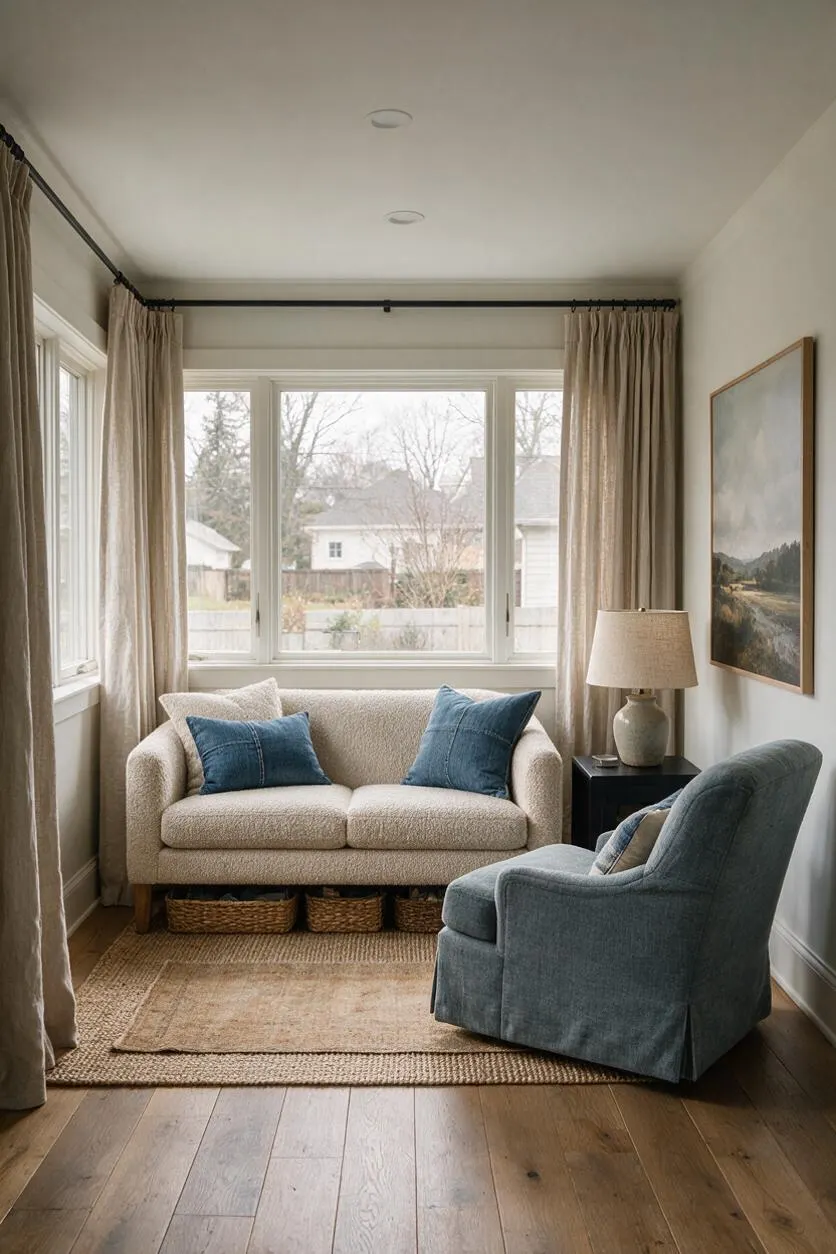 A bright transitional sunroom with a cream loveseat, blue accent pillows, and a blue-gray swivel chair arranged on layered neutral rugs. Large windows with floor-length beige curtains bring in natural light, while a lamp on a black side table and framed landscape art add warmth and balance.