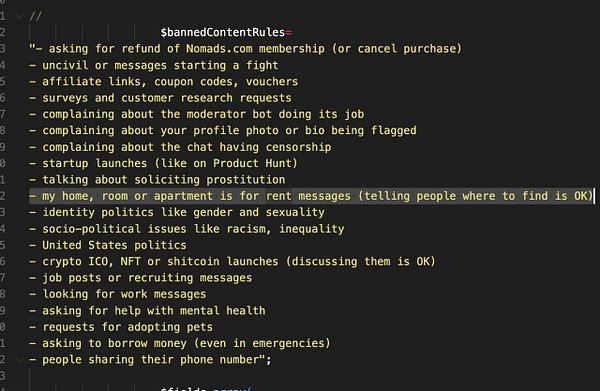 The image displays a list of banned content rules for a community or chat platform.