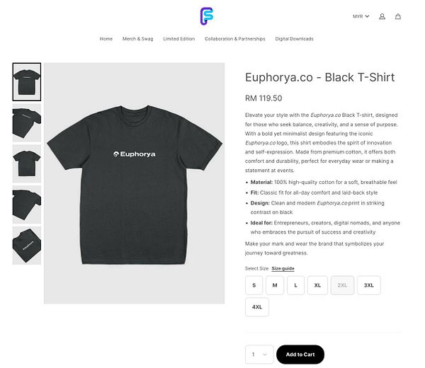 A product page showcasing a black T-shirt with the 'Euphorya' logo.