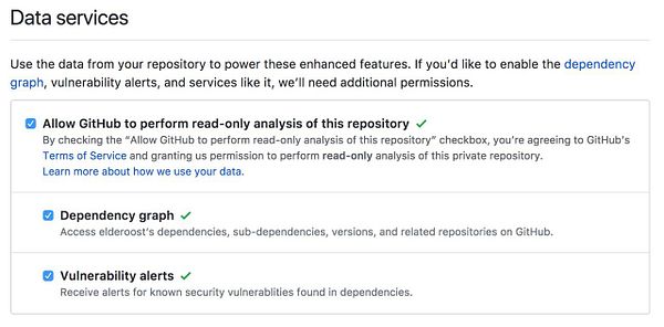The image is a screenshot of GitHub's data services settings page allowing read-only analysis for enhanced features.