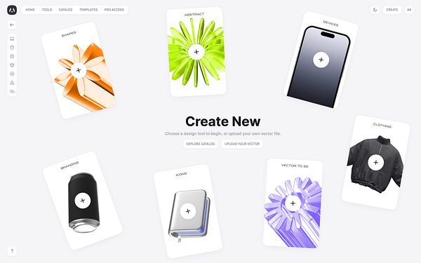 The image displays a user interface for creating new design elements with various categories represented by cards.
