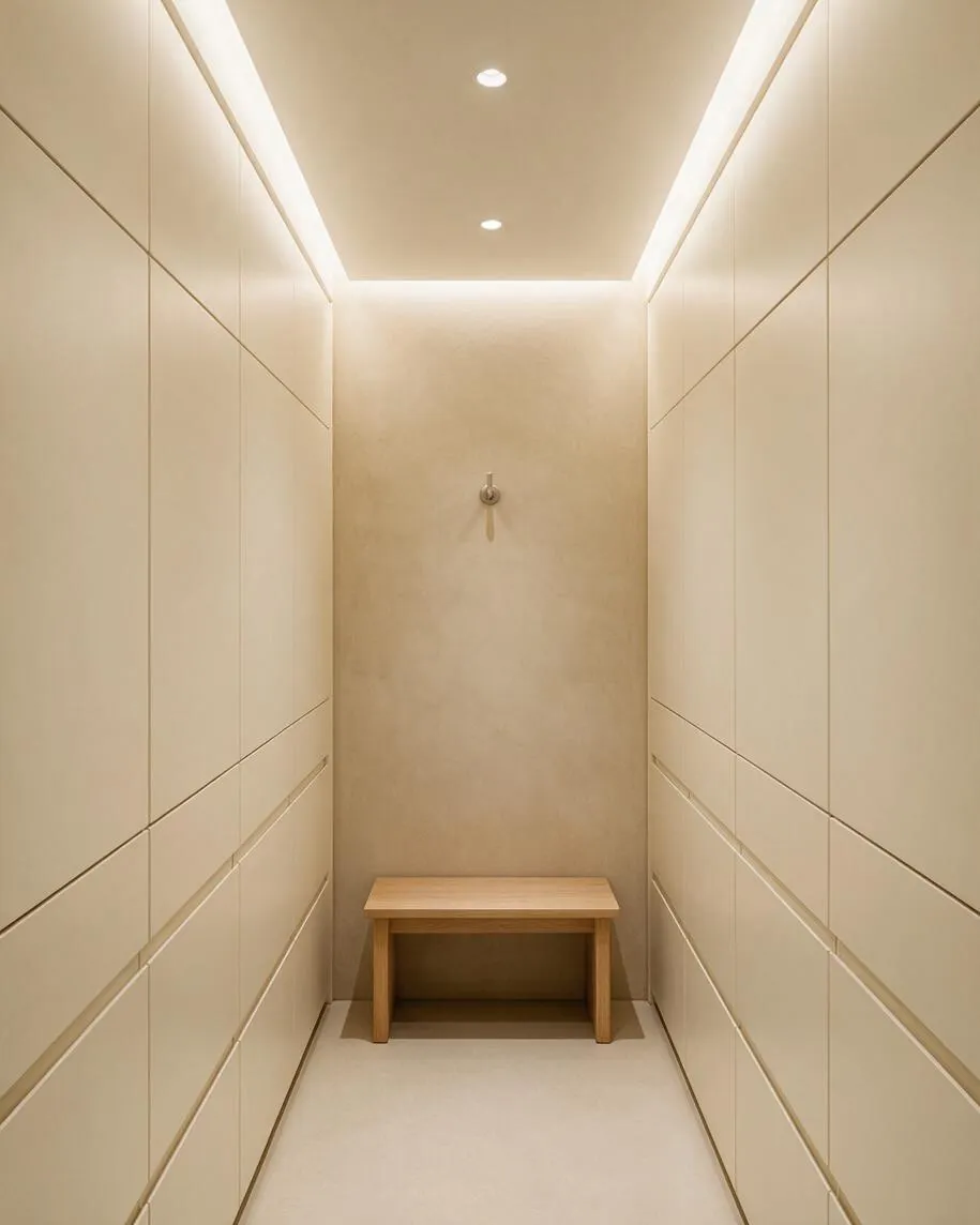 A narrow minimalist walk-in closet with smooth cream built-in cabinets lining both sides and a small light wood bench at the far end. Warm recessed ceiling lights and a soft backlit ceiling detail create a calm, serene atmosphere.