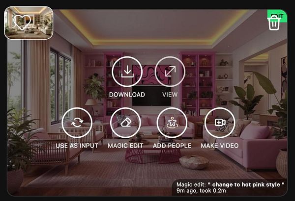 The image displays a modern interior design interface with various editing options for a rendered living space.