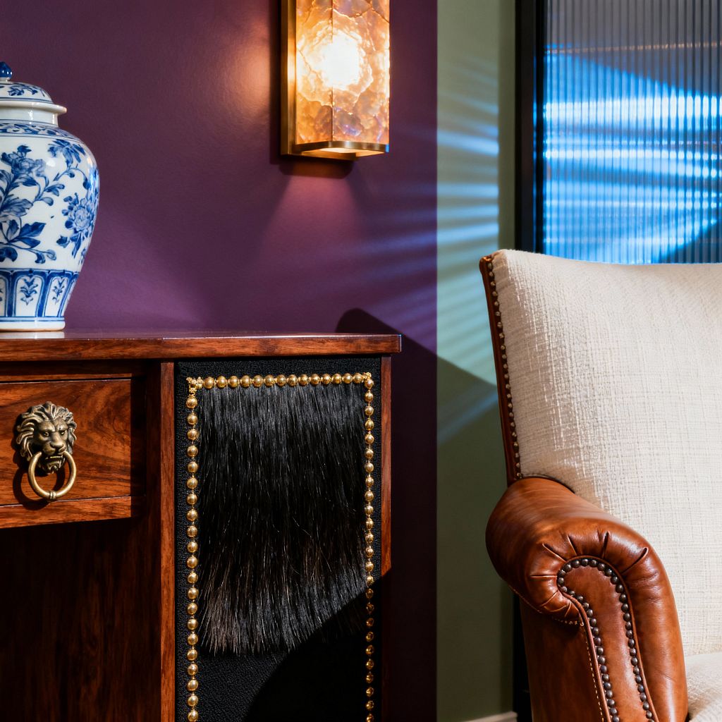 Close-up of a traditional media room corner with a deep plum wall and a brass-framed alabaster wall sconce casting radiant light. A polished mahogany cabinet shows a lion-head ring pull and a black hair-on-hide panel outlined by brass nailheads, topped with a blue-and-white porcelain ginger jar. To the right, a rolled-arm caramel leather chair with cream textured upholstery and nailhead trim sits beside a ribbed glass panel glowing with cool blue theater-style light.