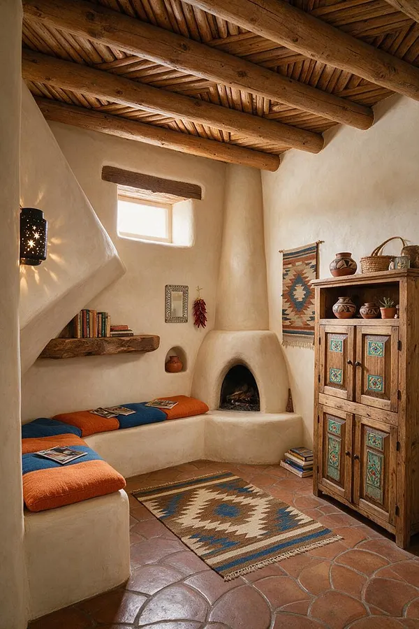 A cozy Southwestern basement with sculpted adobe-style walls, exposed rustic wood ceiling beams, and a small kiva fireplace. Built-in benches with blue and orange cushions line the walls, while a patterned rug and terracotta tile floor add warmth. A carved wooden cabinet with decorative inlays and woven accents completes the room.