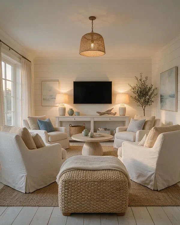 A cozy coastal basement lounge with four white slipcovered armchairs arranged around a round wood coffee table and a woven ottoman in the foreground. The space features a wall-mounted TV, soft table lamps on a console, sheer curtains by a window, light shiplap walls, and natural woven accents in a warm neutral palette.