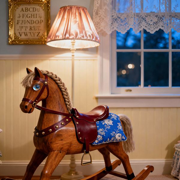 A traditional children’s room shows a wooden rocking horse with burgundy leather tack, brass studs, and a blue floral saddle pad beside cream beadboard wainscoting. A pleated blush lamp casts warm light under a white-trimmed window with a lace valance, while a gold-framed alphabet sampler above completes the palette of warm wood, soft pastels, and gleaming brass for a cozy, nostalgic mood.