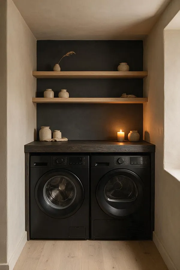 A compact laundry room in Japandi style with two black front-loading machines tucked beneath a dark wood countertop. Open wooden shelves above hold small ceramic vessels and a lit candle against a deep charcoal back panel, framed by soft beige walls and pale wood flooring.