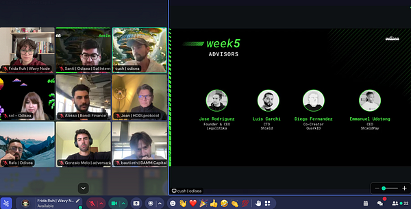 A virtual meeting featuring multiple participants and a presentation slide for week 5 advisors.