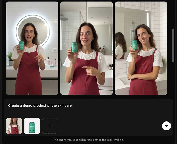 A woman in a bathroom setting demonstrates a skincare product while posing for a video.