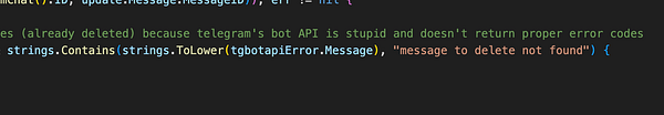 A code snippet addressing error handling in a Telegram bot.