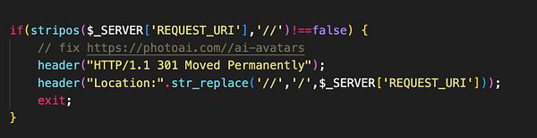 A code snippet addressing the issue of double slashes in URLs.