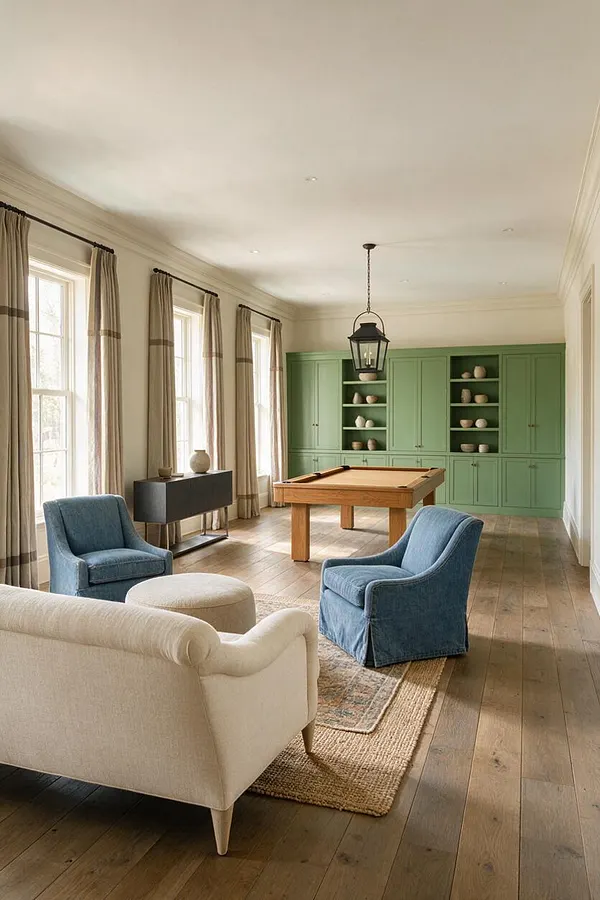 A bright transitional game room with wide-plank wood floors, tall windows with beige curtains, and a pool table centered in front of sage green built-in cabinetry. The seating area includes two blue accent chairs, a cream sofa, and a round ottoman on layered neutral rugs, with a black lantern pendant overhead.