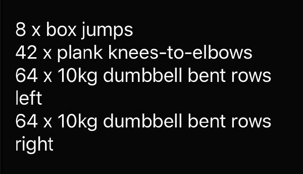 A workout plan displayed on a dark background detailing various exercises.