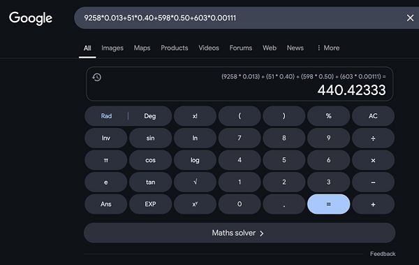 A Google search interface displaying a mathematical calculation.