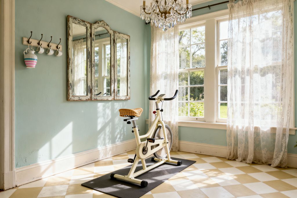A sunlit shabby chic home gym centers on a cream stationary bike with a wicker saddle, set on a black mat over a cream-and-butter checkerboard floor. Soft duck-egg walls hold a distressed triptych mirror and a hook rail with white mugs, while tall paneled windows with sheer lace curtains and a brass-and-crystal chandelier brighten the room and frame greenery outside.