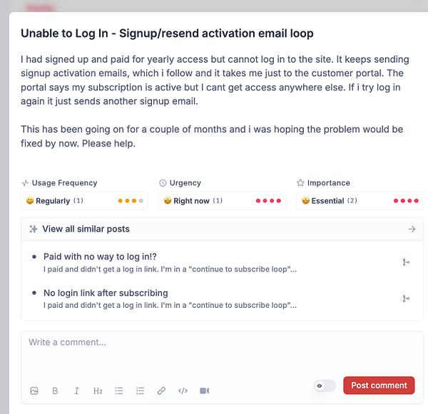 A support ticket detailing a user's login issue with a subscription service.