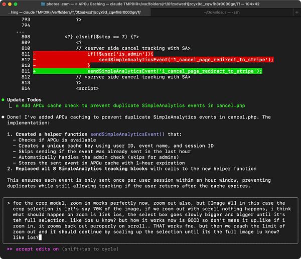 The image displays a code editor interface showing PHP code and a task description related to implementing a zoom feature in a crop modal.