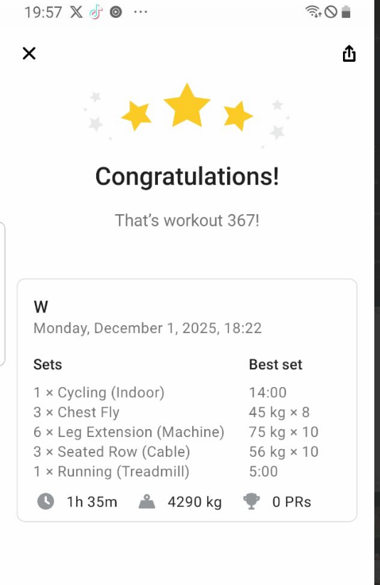 The image displays a workout summary with details of various exercises performed.
