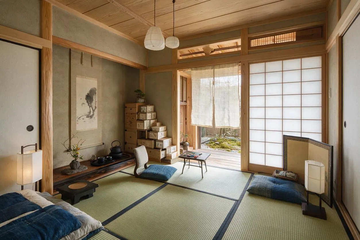 A tranquil Japanese Zen game room with tatami mats, low floor seating cushions, and a small low table at the center. Shoji screens, warm wood framing, paper lantern lights, and a calligraphy artwork create a calm, minimalist atmosphere.