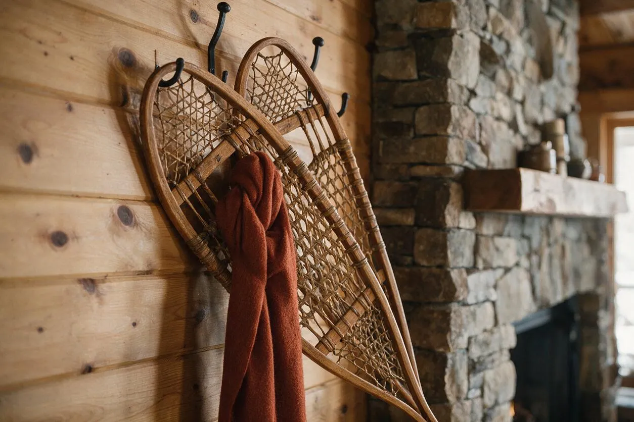 A rustic wall-mounted coat rack made from woven wood or wicker is hanging on a knotty pine wall, with a rust-colored scarf draped over it. A stacked stone fireplace and wooden mantel appear beside it, creating a warm cabin-like interior.