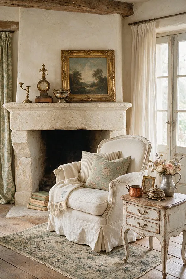 A cozy French Country living room vignette centered on a rough stone fireplace with a gold-framed landscape painting and antique mantel decor. An upholstered cream armchair with layered pillows sits beside a distressed side table, with soft curtains, pale floral textiles, and warm wood floors completing the serene scene.