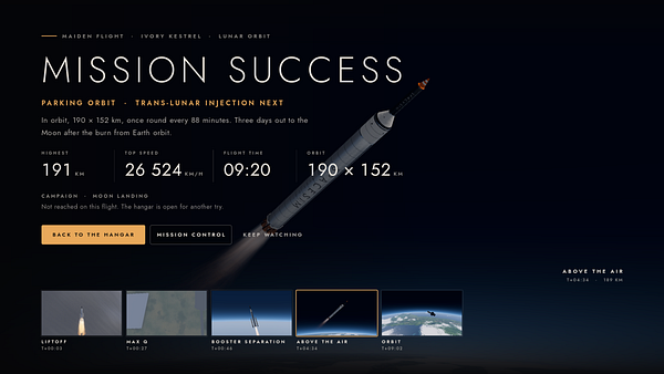 Space mission success interface showing detailed telemetry and milestone images of a lunar orbital flight.