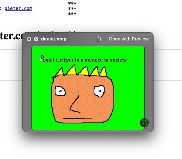 A colorful, childlike drawing of a character with a humorous message.