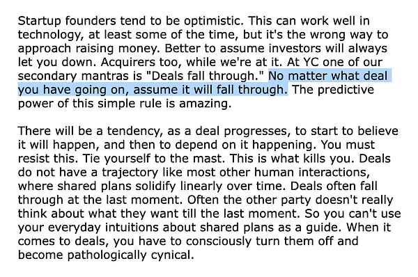 The image contains a text excerpt discussing the importance of maintaining low expectations in startup deals.