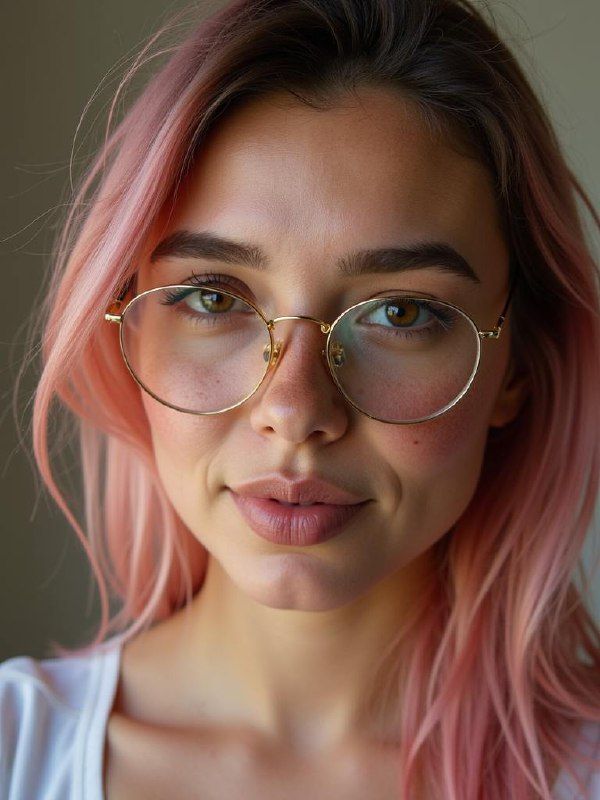 A close-up portrait of a young woman with pink hair and glasses.