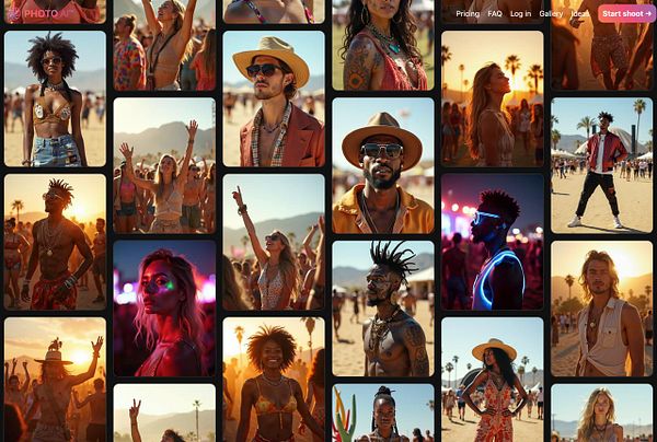 A vibrant collage of festival-goers at Coachella, showcasing diverse styles and joyful expressions.
