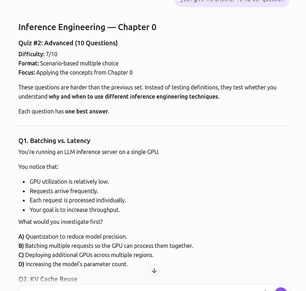 Advanced inference engineering quiz questions from Chapter 0 focusing on scenario-based multiple choice problems about LLM GPU utilization and batching strategies.