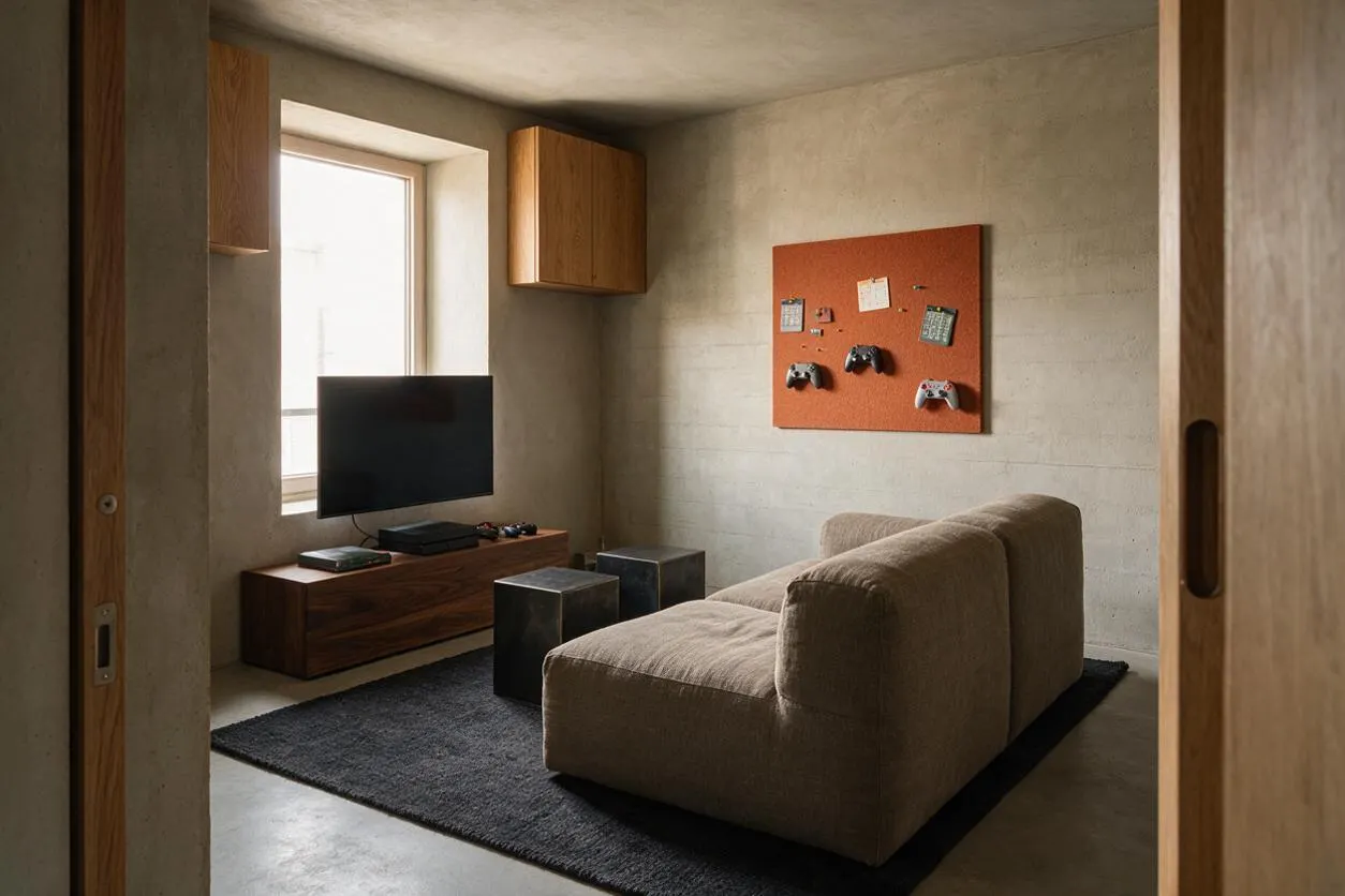 A compact game room with exposed concrete walls and ceiling, a small window, and warm wood storage cabinets mounted high on the walls. The room includes a low wooden TV console with a flat-screen television, two dark cube stools, a beige upholstered sofa, a black rug, and an orange bulletin board displaying game controllers and small notes.
