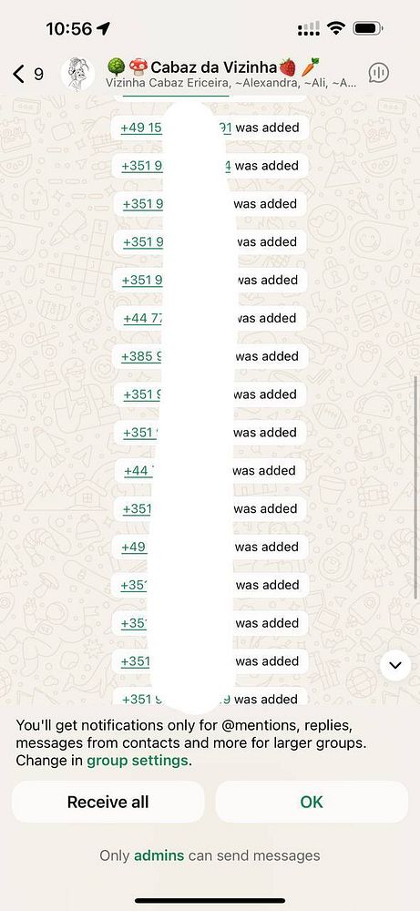 A WhatsApp group chat showing multiple users being added to a local farm box subscription group.