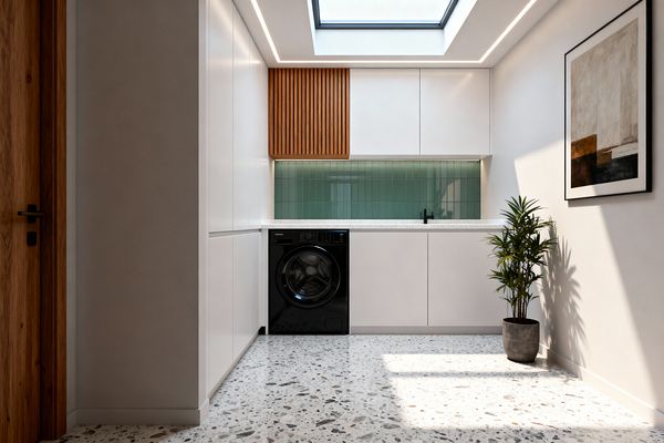 Bright modern laundry room lit by a large ceiling skylight and recessed LED strips, with handleless white cabinetry around a white quartz countertop. A mint-green vertical tile backsplash, matte black faucet, and built-in black front-loading washer define the work zone, while a warm slatted oak upper cabinet, pale terrazzo floor, abstract wall art, and a potted plant add texture and warmth.