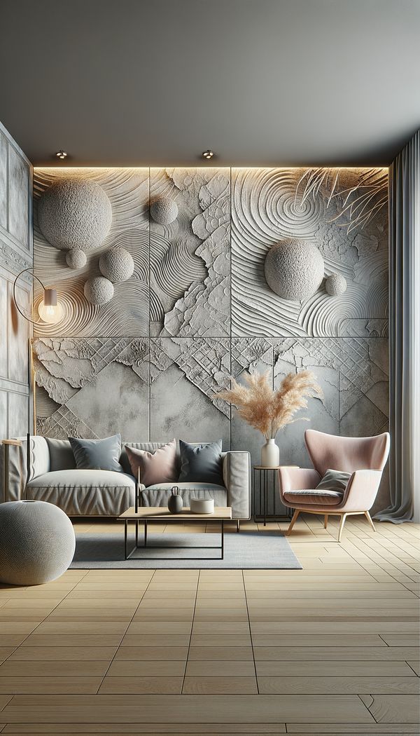 an interior wall with a textured finish achieved through the bagging technique, showing subtle variation from the manipulated cement-based mixture
