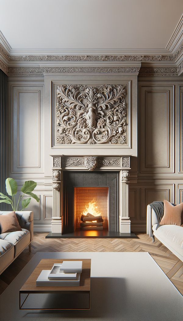 A detailed friese panel with intricate carvings above the fireplace in a cozy living room, showing how it adds character to the space.