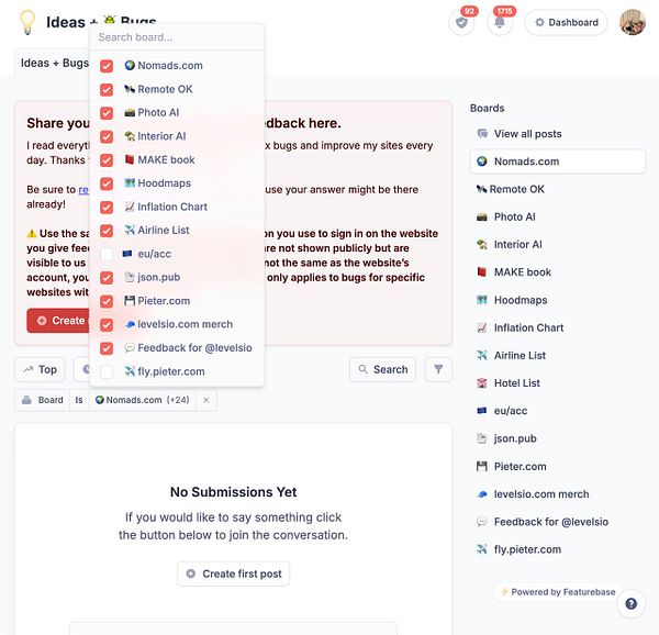 The image displays a task management interface focused on collecting feedback and reporting bugs for various websites.
