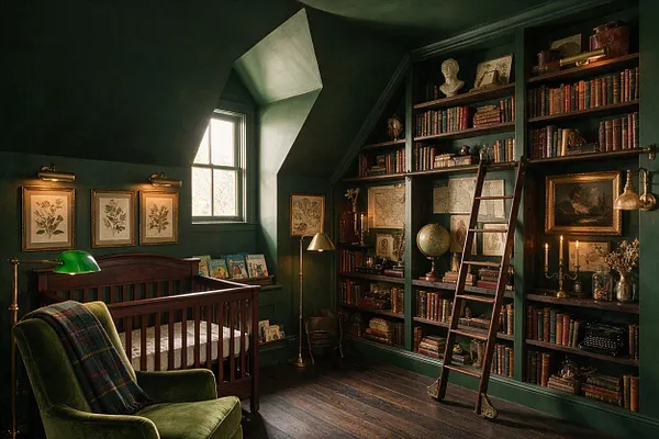 A dark academia nursery with deep green walls, a dark wood crib, and built-in bookshelves filled with old books, globes, framed art, and candles. A green velvet chair, brass lamps, and a leaning ladder complete the scholarly, vintage atmosphere.