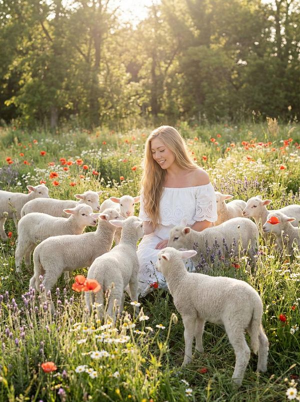 A woman in a white dress interacts with a group of playful lambs in a vibrant field of flowers.