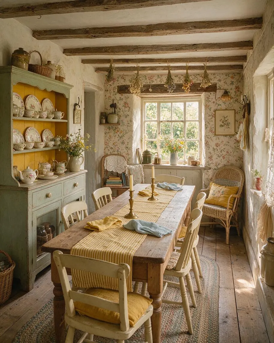 A cozy cottagecore dining room with a long rustic wooden table, cream-painted chairs, and a vintage green hutch filled with floral china. Exposed wooden ceiling beams, botanical wallpaper, hanging dried flowers, and woven wicker accents create a warm, sunlit countryside feel.