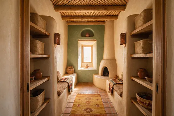 A narrow Southwestern-style closet with curved adobe walls, open wooden shelves, and built-in benches upholstered in woven textiles. Terracotta floor tiles, a small central window, exposed wood ceiling beams, and a stucco fireplace niche create a warm rustic atmosphere.