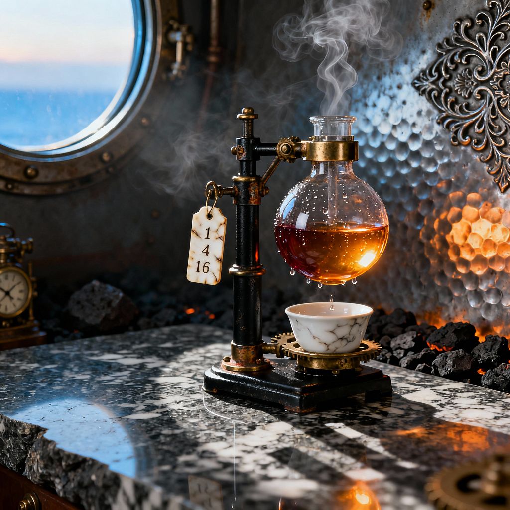 Close-up of a steampunk kitchen vignette featuring a lab-style glass siphon on a black cast-iron and brass stand, dripping steaming amber liquid into a small porcelain cup with marble veining. The setup rests on a black-and-white marble countertop before a hammered steel backsplash, with riveted metal, copper pipes, glowing lava rocks, a round porthole showing the sea, and an antique brass timer in the background.