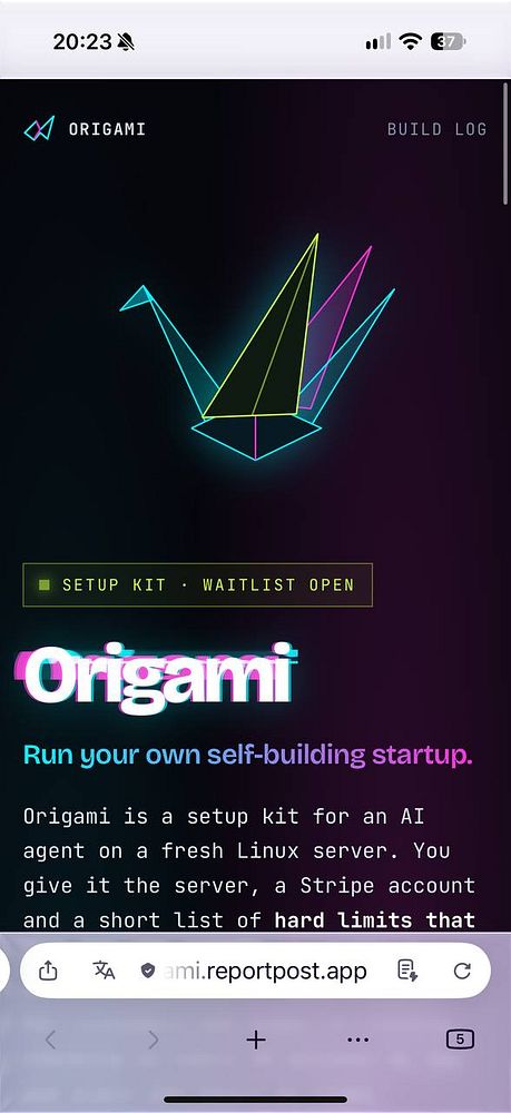 Mobile webpage for Origami setup kit promoting a waitlist for running your own AI startup.