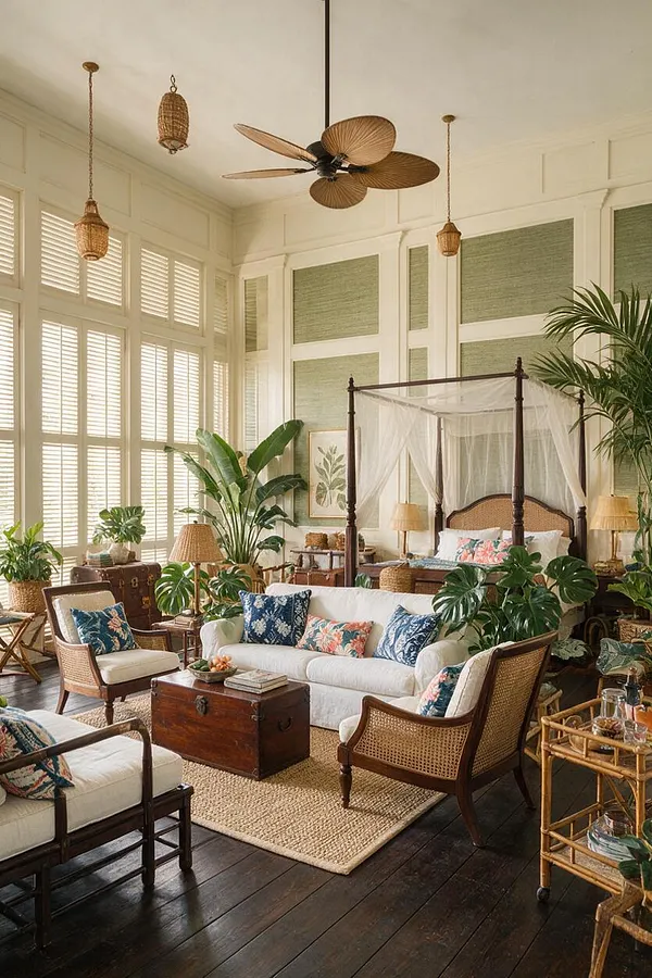 A spacious tropical-style sunroom with tall shuttered windows, a dark wood floor, and a large ceiling fan with woven-look blades. The room includes white upholstered seating, rattan and cane chairs, a four-poster bed with sheer canopy drapery, abundant potted greenery, and warm wicker pendant lights.