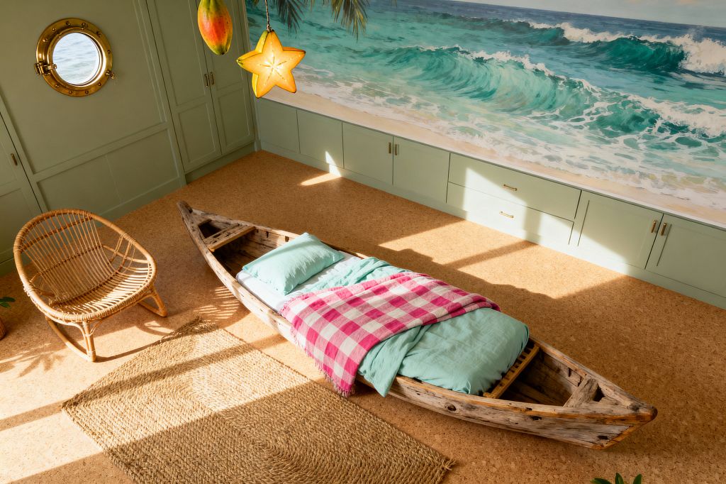 Sunlit kids’ room with a weathered wooden canoe used as a bed, dressed in aqua bedding and a pink-and-white gingham throw. A curved rattan chair and woven jute rug sit on a sand-toned cork floor. Mint green built-in cabinets with brass pulls run beneath a large beach-and-waves mural, while a round brass porthole window and hanging fruit-shaped pendants complete the tropical, nautical theme.