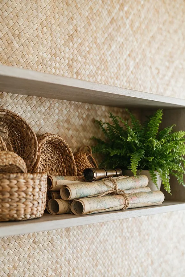 A close-up of a tropical-style shelving vignette with woven baskets, rolled vintage-style maps tied with twine, a brass telescope, and a lush green fern on a light wood shelf. The background is a textured woven wall covering in soft beige tones.