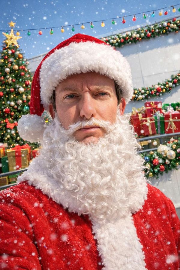 A person dressed as Santa Claus poses in front of a festive holiday backdrop.